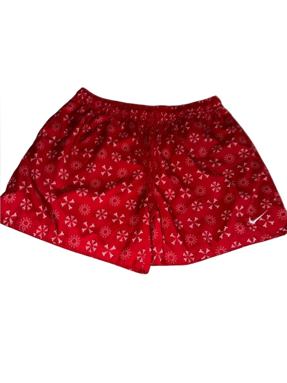 Nike Red Swim Shorts with White Swoosh and White Print